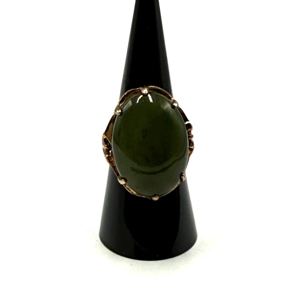 Vintage Sterling Silver Dark Green Jade Cabochon Statement Ring Size 6.5
